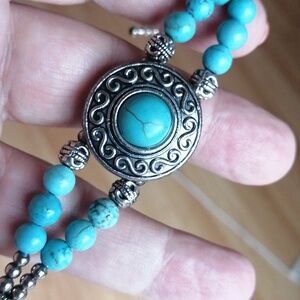 Handcrafted Turquoise Hawlite Bead Silver Tone Butterfly Accent Bracelet 8" Long